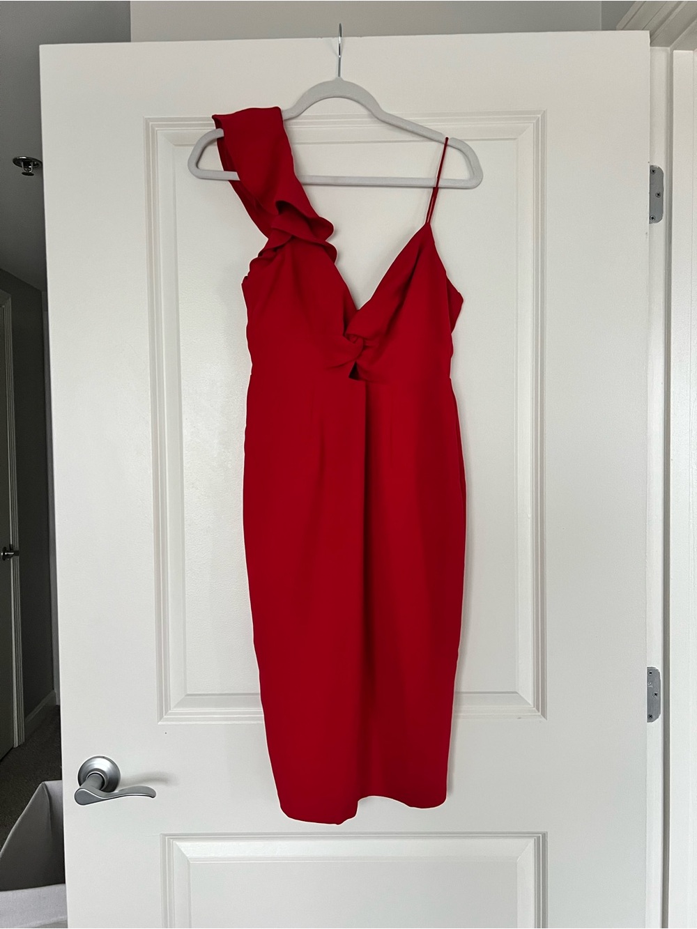 Red One-Shoulder Ruffle Midi Cocktail Dress